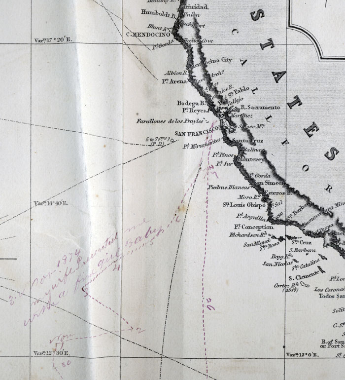 Chart detail of North Pacific Ocean, noting birth of baby